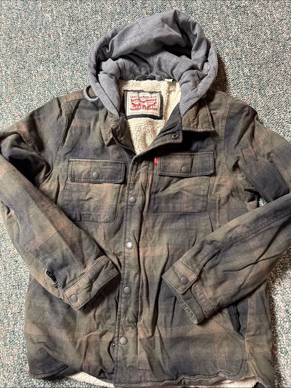 Levi's Men's Green and Brown Plaid Sherpa Hoodie Jacket